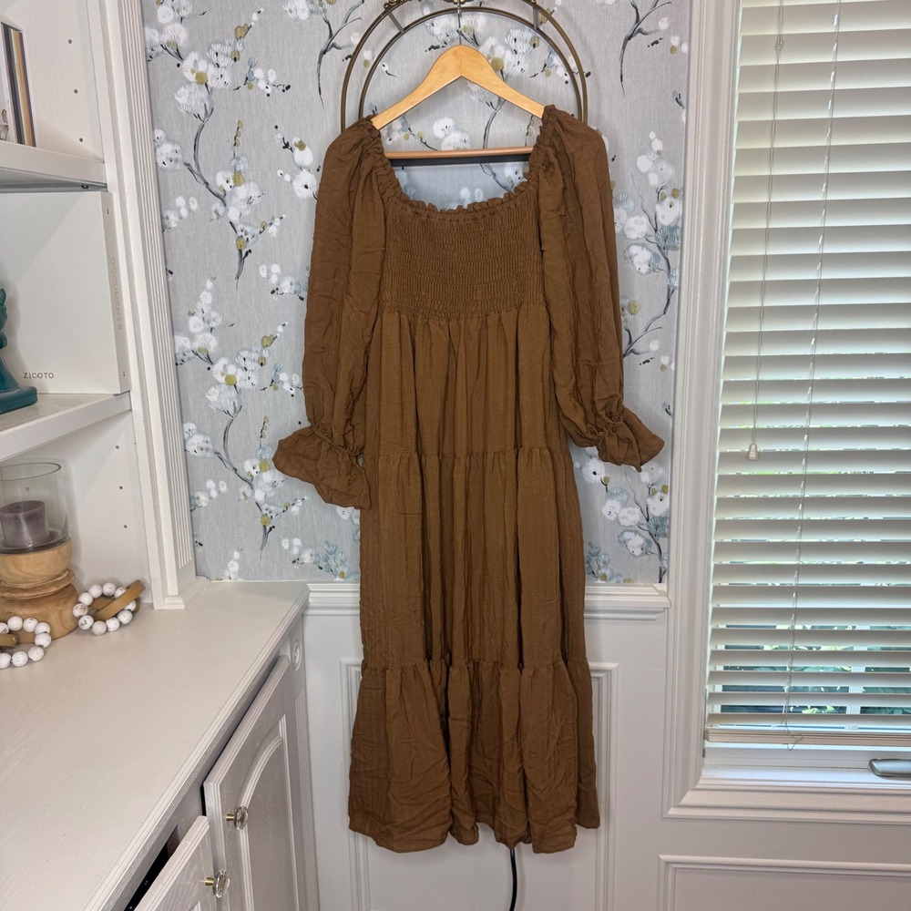 &merci Womens Brown Smocked Tiered Midi Dress Long Balloon Sleeve Boho Large